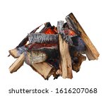 Campfire isolated on white background. Closeup of pile of birch firewood burning with orange flames.