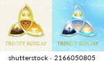 Trinity Sunday Greeting card set. Religious trinity, crown, cross, holy spirit, dove. Gold and silver trinity.  Observed on the first Sunday after Pentecost. Vector Illustration. EPS 10.