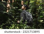Asian woman is hiking with trekking poles in the forest. 
