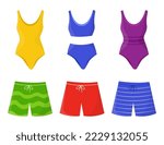 Male and female swimsuits vector illustrations set. Colourful women bathing suits and men shorts on white background. .Holiday, summer, swimming concept.