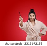 Small photo of Chinese movie parody featuring Asian woman who has drawn mustache on face. Elements of humor, cosmetics, skincare, self-care, and rejuvenation in a playful and comedic way. . High quality photo