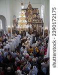 Small photo of Brusilov, Zhytomyr Region, Ukraine - June 2, 2023: Metropolitan Epiphanius consecrates the Holy Resurrection Church, uniting fervent parishioners in a sanctified new sanctuary under chandeliers' glow.
