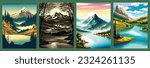 Vector illustraBeautiful landscape mountain lake with clear still water, mountain range, dense forest, meadow banks tall pine trees foreground, Snow. Vertical format set, mountain laketion