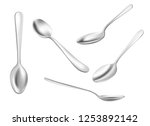 Set of realistic metal spoons from different points of view. 3d realism. Vector teaspoon illustration isolated on white background.
