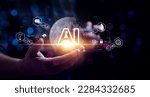 Small photo of Businessman touching the brain working of Artificial Intelligence (AI) Automation, Predictive analytics, Customer service AI-powered chatbot, analyze customer data, business and technology