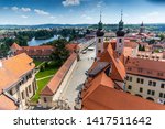 Telc city with historical buildings, church and a tower. Unesco world heritage site, South Moravia, Czech republic. View from tower.