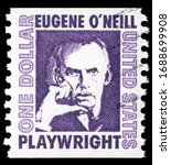 Small photo of TURIN, ITALY - MARCH 24, 2020: A stamp printed in USA showing portrait of Eugene O’Neill, Prominent Americans Series, circa 1967