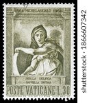 Small photo of TURIN, ITALY - DECEMBER 3, 2020: A stamp printed in VATICAN CITY showing image of the Delphic Sybil, 400th anniversary of the death of Michelangelo series, circa 1964
