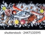 Seafood. Fresh fish and sea food on ice, overhead flat lay view on a black background. Shellfish, scallop, shrimp, prawn, octopus and lime