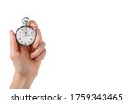 stopwatch hold in hand, button pressed,monochromatic white background