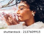 Beautiful African American woman smelling the soft, fresh and natural scent of pink flowers in spring in bloom. Concept of softness, delicacy, purity, femininity, dream of relaxation.