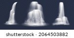 Waterfalls and water fall cascades realistic set of mountain river streams falling down with splashes, fog or mist and drops. Ledge, plunge and horsetail water falls. Vector illustration