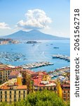 Small photo of Naples, Italy. August 31, 2021. View of the Gulf of Naples from the Posillipo hill with Mount Vesuvius far in the background.