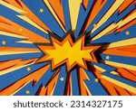 Handmade paper cutout pop art comic background with speech bubble. Cartoon flat style. In yellow, orange and blue color. Lightning. Concept. 