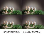 Four images 1st to 4th advent with festive arrangements of burning candles, fir tree branches and Christmas decoration, copy space, selected focus, narrow depth of field