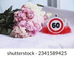 Small photo of bouquet of pink flowers on a white background, congratulations on the sixtieth birthday, anniversary, anniversary bouquet, spring bouquet, happy birthday, background, white flowers, solemn event