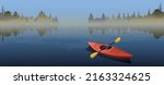 Kayaking at sunset on a calm lake. Kayaking in a peaceful lake in Colorful Sunset Sky Art. Red kayak on the beautiful lake with forest.