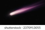 Small photo of Colorful comet in outer space. Long tail of a comet on a black background. Celestial body isolated.
