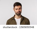 Small photo of Skeptical and judgemental father hear strange proposal, look slightly unsatisfied and perplexed give answer, smirk and frowning displeased, pondering, judging uncool action, white background