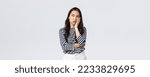 Small photo of Lifestyle, people emotions and casual concept. Annoyed reluctant asian woman standing bored and disappointed at party, lean on palm and looking up irritated, white background.