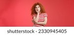 Small photo of Playful redhead gorgeous girl feel sad lacking energizing party lean palm look indifferent express boredom lonely feelings attend boring meeting standing upset reluctant red background.