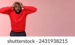 Small photo of African-american man shocked speechless look upset stupor hold hands head drop jaw gazing dazed cannot believe lost all money, standing upset stunned pink background, receive terrible news.