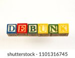 Small photo of The term debunk displayed visually on a white background using colorful wooden toy blocks image with copy space in landscape format