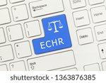 Small photo of Close-up view on white conceptual keyboard - ECHR (blue key with scales symbol)