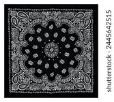 Black bandana with a white pattern. Accessory for concerts, rockers, bikers, rappers, hip-hop, metalheads, punk rock, rap. An element of clothing. Handkerchief for the face of gangsters.