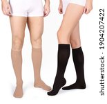 Small photo of Compression Hosiery. Medical Compression stockings and tights for varicose veins and venouse therapy. Socks for man and women. Clinical compression knits. Comfort maternity tights for pregnant women.