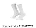 Pair of white cotton socks isolated on white. Set of short socks for sports as mock up and label for advertising, logo, branding.