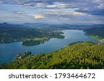    A picturesque view of alpine lake Worthersee from Pyramidenkogel, the viewing tower. Carinthia land. Austria.                            
