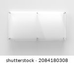 Small photo of Transparent wide glass nameplate on spacer metal holders. Clear printing board for branding. Acrylic advertising signboard on white background mock-up front view. Size 500 x 250 mm. 3D illustration