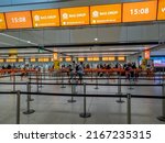 Small photo of Gatwick Airport, UK-06.08.2022. EasyJet check in and bag drop hall in the South Terminal.