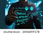 Small photo of Businessman pointing arrows to control and communicate with natural language processing or NLP and global data communication process with a world map icon.