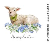 Watercolor Cute Lamb In Blue...