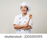 Small photo of Young beautiful asian woman chef in uniform holding ladle utensils cooking in the kitchen various gesture delicious dish menu good taste on isolated. Cooking woman chef people in kitchen restaurant