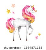 Watercolor Cute Unicorn With...