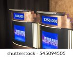 Small photo of Culver City, CA - December 28: Jeopardy podiums on December 28, 2015 in Culver City. Jeopardy is a popular game show in America.