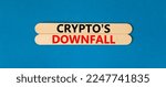 Small photo of Crypto downfall symbol. Concept words Cryptos downfall on wooden stick. Beautiful blue table blue background. Business and crypto downfall concept. Copy space.