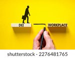 Small photo of DEI diversity equity inclusion workplace symbol. Blocks with words DEI workplace on beautiful yellow background. Business DEI diversity equity inclusion workplace concept. Copy space.