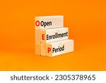 Small photo of OEP symbol. Concept words OEP Open enrollment period on beautiful wooden block. Beautiful orange table orange background. Medical and OEP Open enrollment period concept. Copy space.