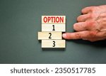 Small photo of Time to option 2 symbol. Concept word Option 1 2 3 on wooden block. Businessman hand. Beautiful grey table grey background. Business planning and time to option 2 concept. Copy space.
