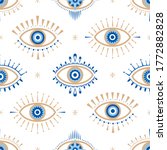 Evil eye vector seamless pattern. Magic, witchcraft, occult symbol, line art collection. Hamsa eye, magical eye, decor element. Blue, white, golden eyes. Fabric, textile, giftware, wallpaper.