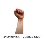 Small photo of Woman hand with long manicured nails raised up with fingers clenched in palm in plain background. Female clenched fist as symbol of woman power. Concept of strength of girl and her struggle for rights