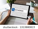 Keywords. SEO, Search engine optimization and internet marketing concept on screen.