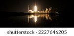 Small photo of Panoramic picture of Orion spacecraft launch in Cape Canaveral, Florida. Rocket launch with smoke debris. The elements of this image furnished by NASA.