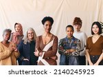Small photo of International Women's Day portrait of confident multiethnic mixed age range women looking towards camera, Embrace Equity