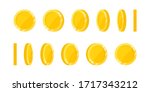 Spin gold coin on white background, set of rotation icons at different angles for animation. Flat vector illustration.