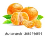 Composition of two tangerines, peeled halves, two peeled cloves and leaves isolated on a white background.